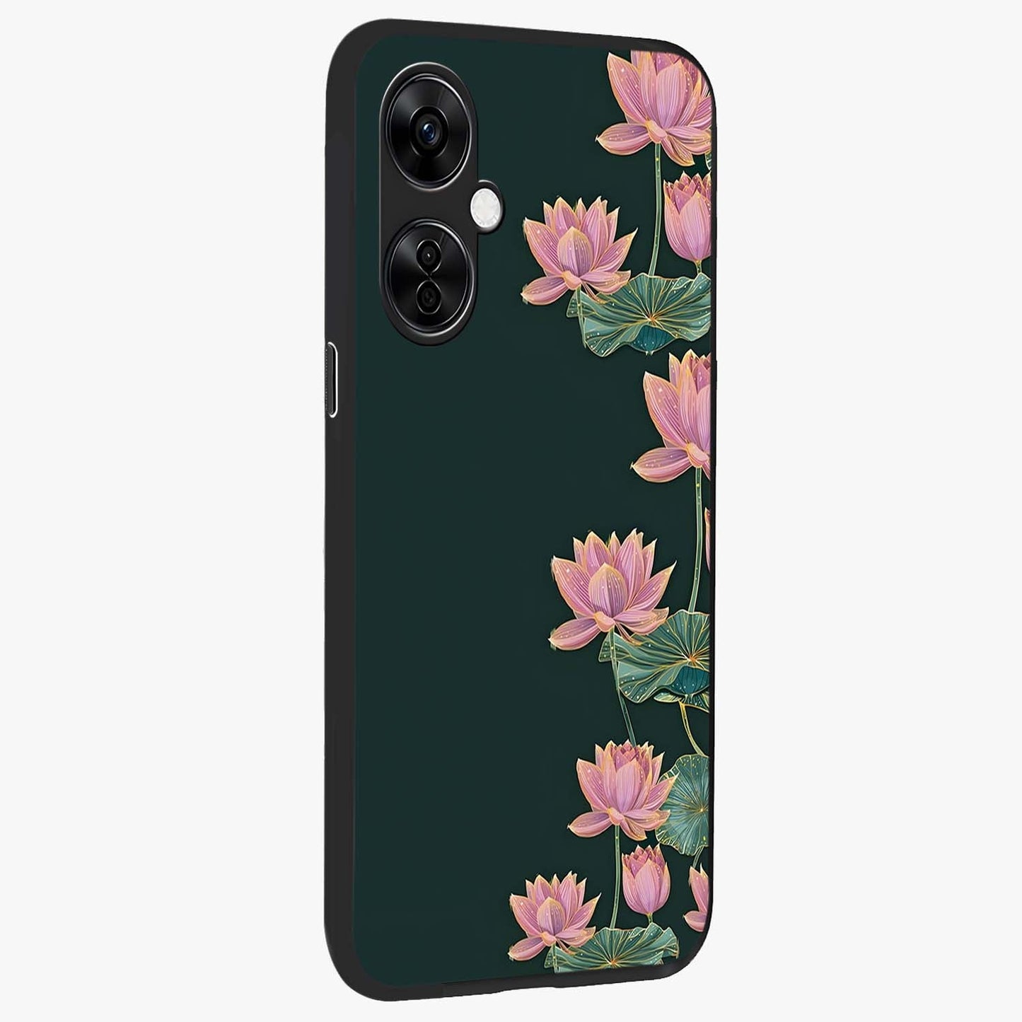 Lotus Bloom Serenity Glass Case for 1+Nord CE 3 Lite side perspective highlighting delicate petal textures and premium edges