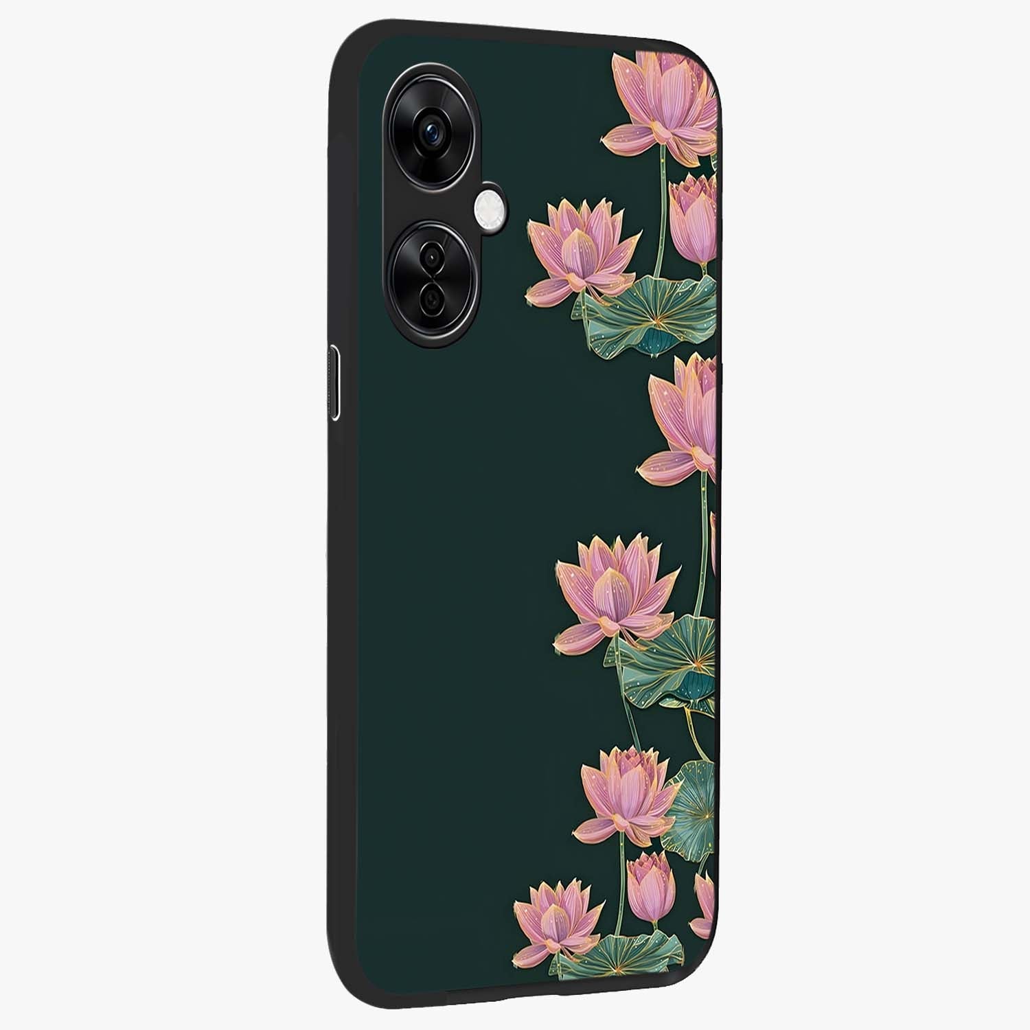 Lotus Bloom Serenity Glass Case for 1+Nord CE 3 Lite side perspective highlighting delicate petal textures and premium edges