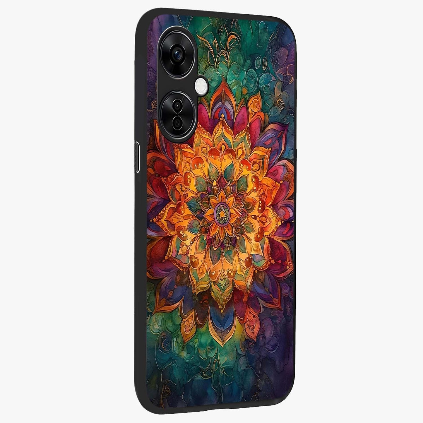 Mandala Vibrants Glass Case for 1+Nord CE 3 Lite side perspective highlighting vibrant ornamental textures and premium edges
