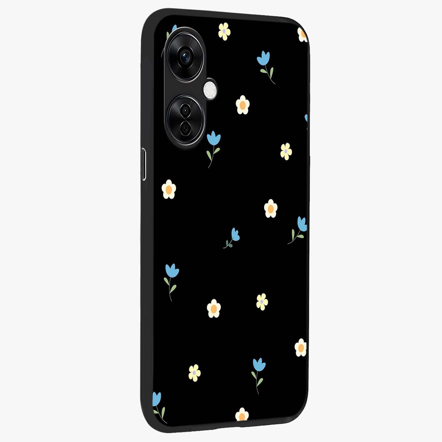 Minimalistic Blue With White Flower Pattern Glass Case for 1+Nord CE 3 Lite side perspective highlighting subtle floral textures and premium edges