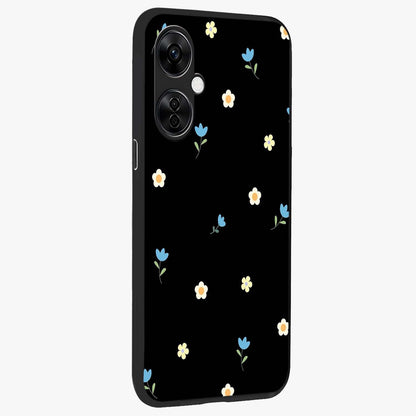 Minimalistic Blue With White Flower Pattern Glass Case for 1+Nord CE 3 Lite side perspective highlighting subtle floral textures and premium edges