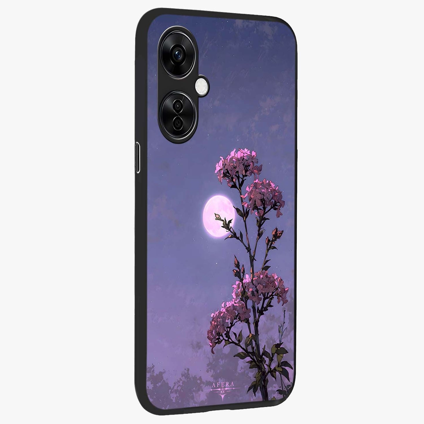 Moonlit Petal Night Glass Case for 1+Nord CE 3 Lite side perspective highlighting graceful petal textures and smooth build