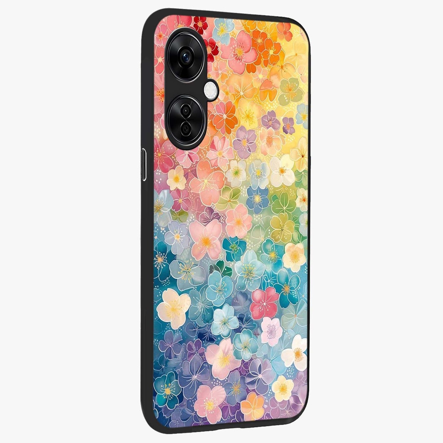 Multiple Background With Flower Glass Case for 1+Nord CE 3 Lite side perspective highlighting rich floral textures and premium edges