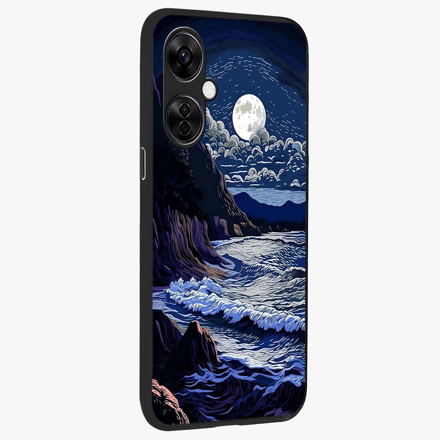 Night Moon Scenery Pattern Glass Case for 1+Nord CE 3 Lite side perspective highlighting calming scenic textures and smooth build