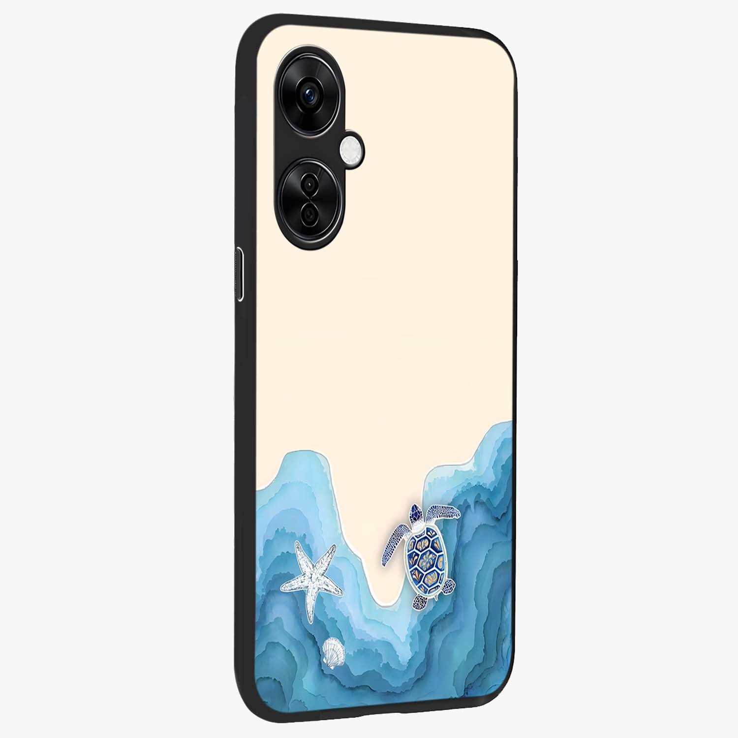 Ocean Drift Turtle Glass Case for 1+Nord CE 3 Lite side perspective highlighting aquatic textures and premium edges