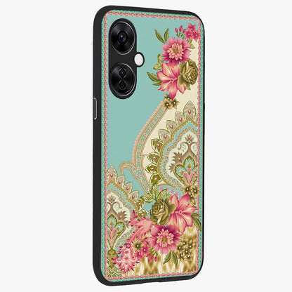 Ornate Mughal Floral Pattern Glass Case for 1+Nord CE 3 Lite side perspective highlighting detailed ornamental textures and sleek build