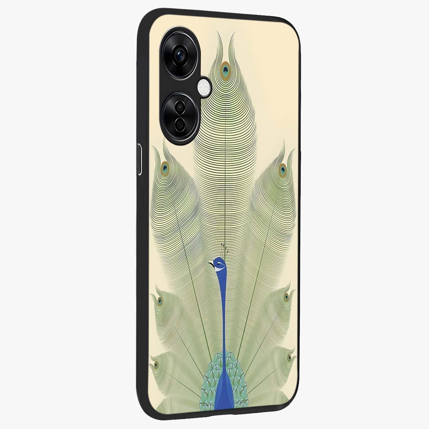 Peacock Feather Grace Glass Case for 1+Nord CE 3 Lite side perspective highlighting intricate plume textures and premium edges