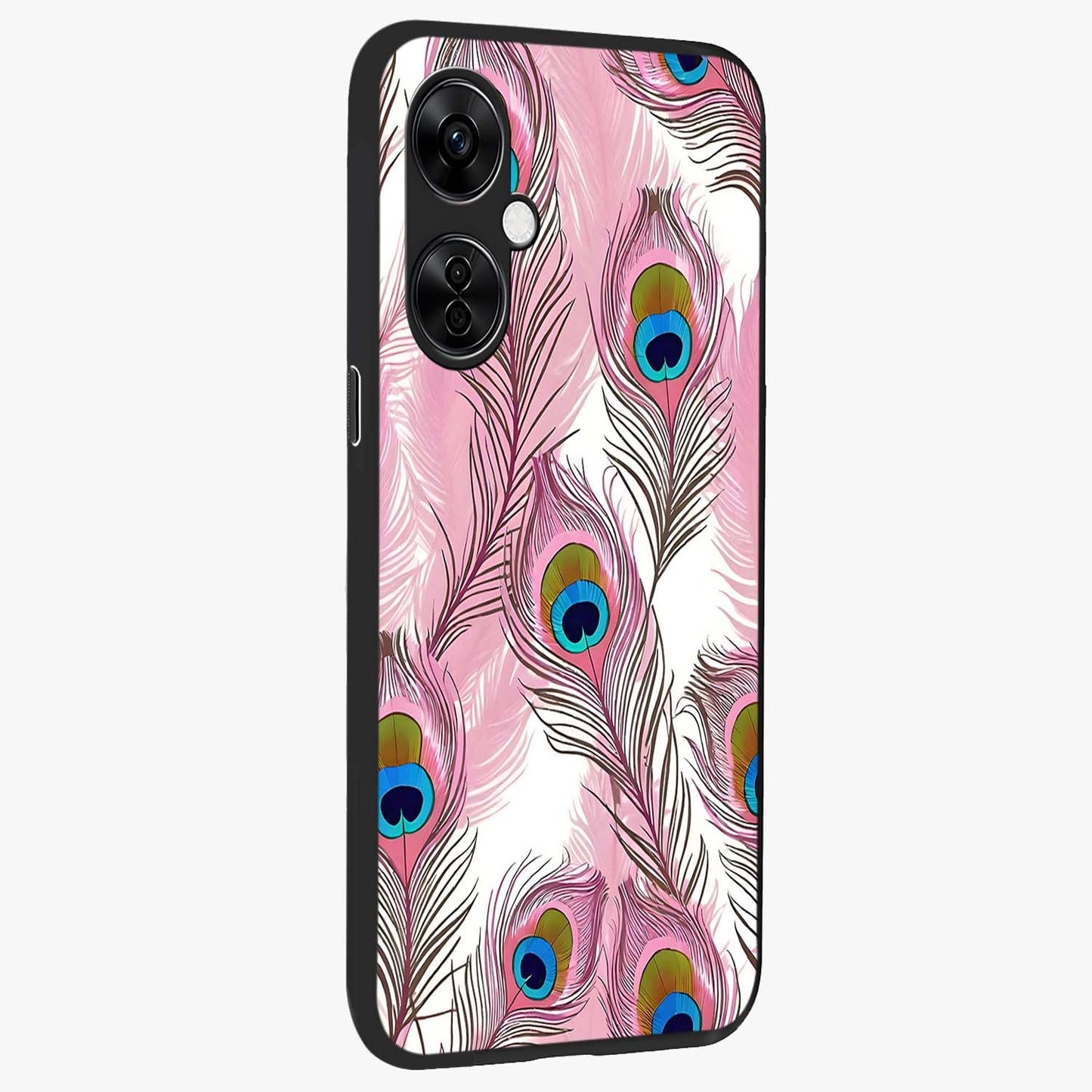 Peacock Feathers Floating Glass Case for 1+Nord CE 3 Lite side perspective highlighting soft feather textures and smooth build