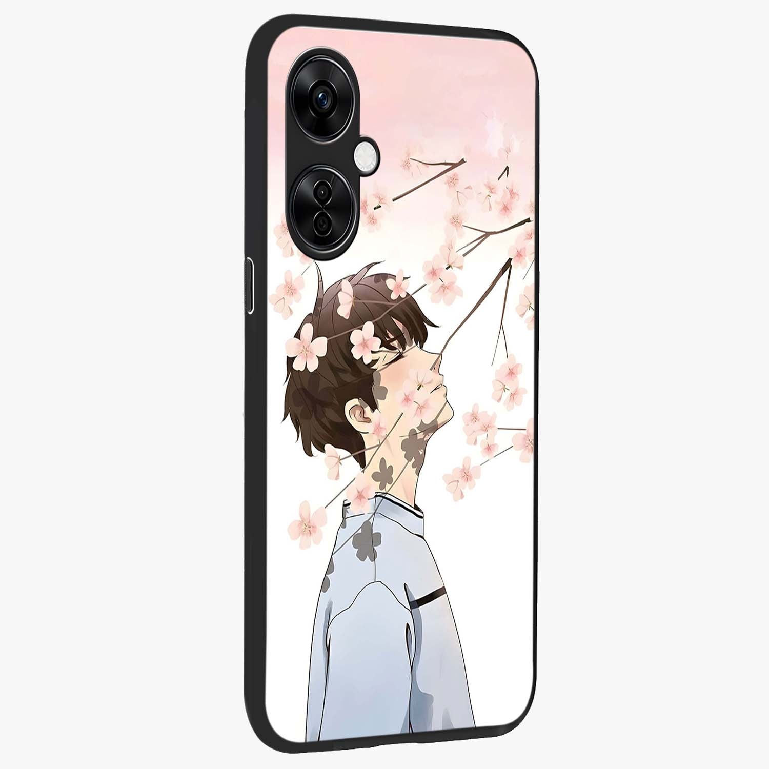 Pink Blossom Boy Glass Case for 1+Nord CE 3 Lite side perspective highlighting delicate floral textures and sleek build