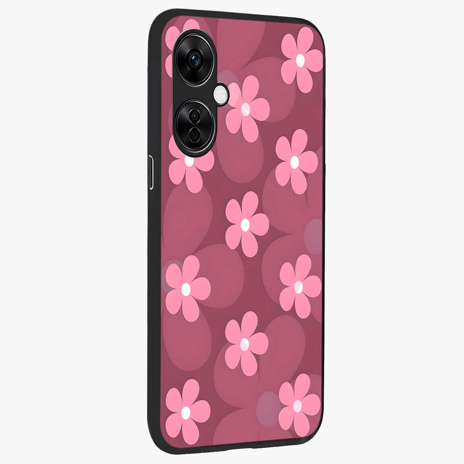 Pink Daisy Flower Pattern Glass Case for 1+Nord CE 3 Lite side perspective highlighting bright floral textures and smooth build