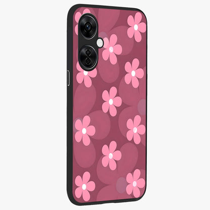 Pink Daisy Flower Pattern Glass Case for 1+Nord CE 3 Lite side perspective highlighting bright floral textures and smooth build