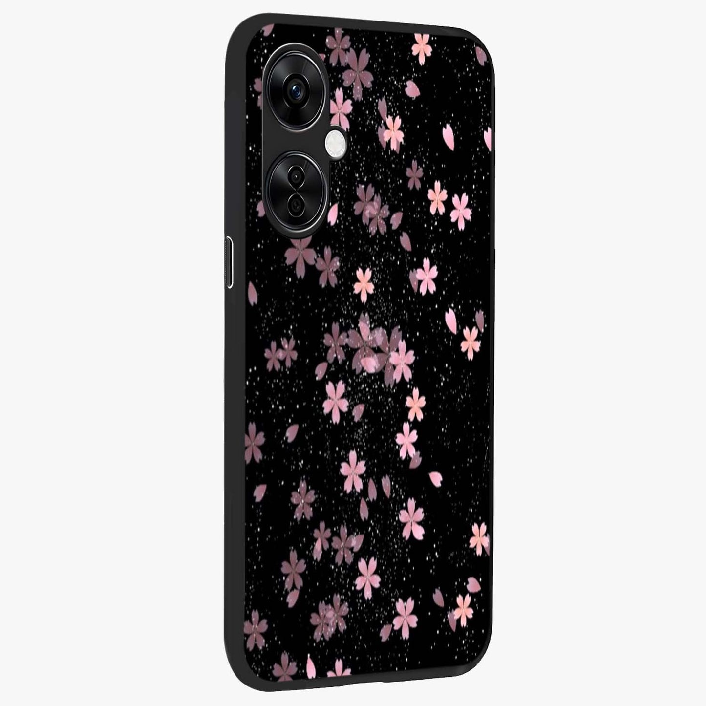 Pink Flower Black Background Glass Case for 1+Nord CE 3 Lite side perspective highlighting vivid bloom textures and sleek build