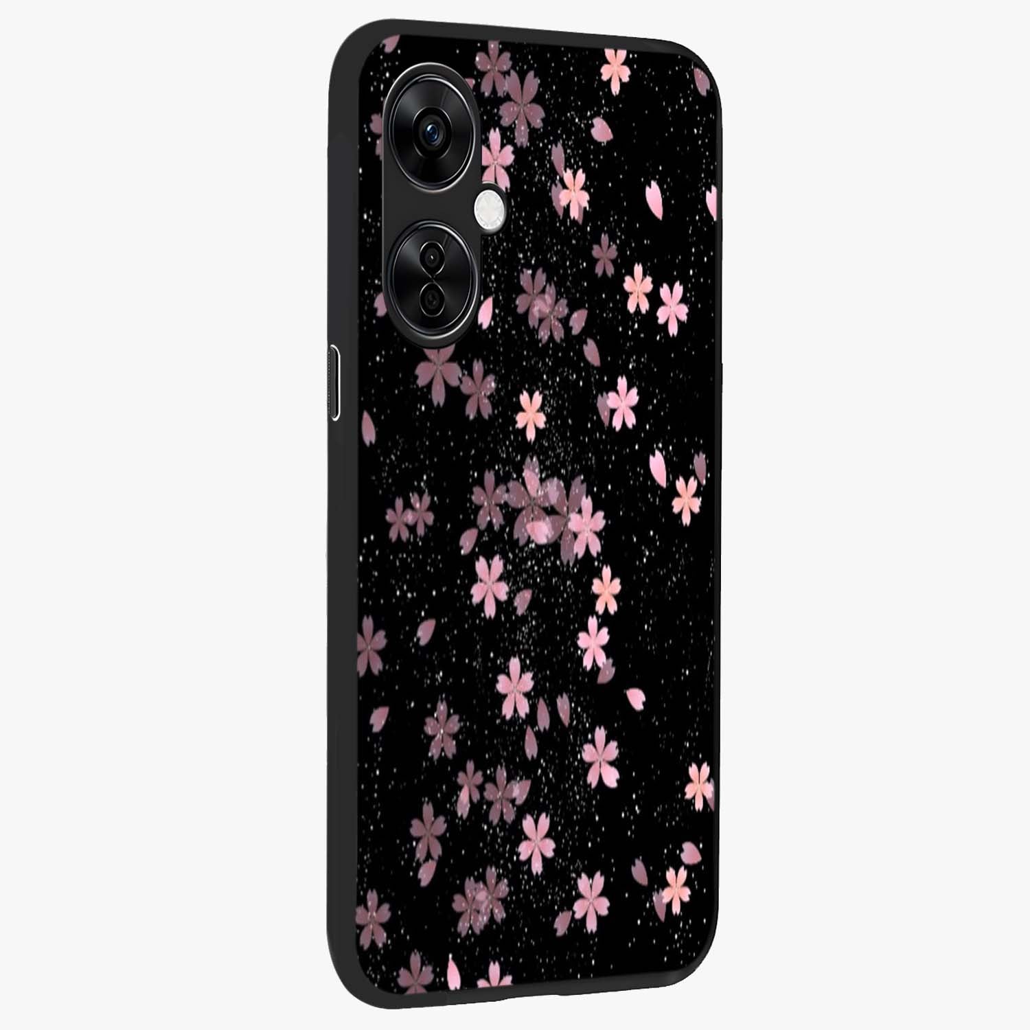 Pink Flower Black Background Glass Case for 1+Nord CE 3 Lite side perspective highlighting vivid bloom textures and sleek build