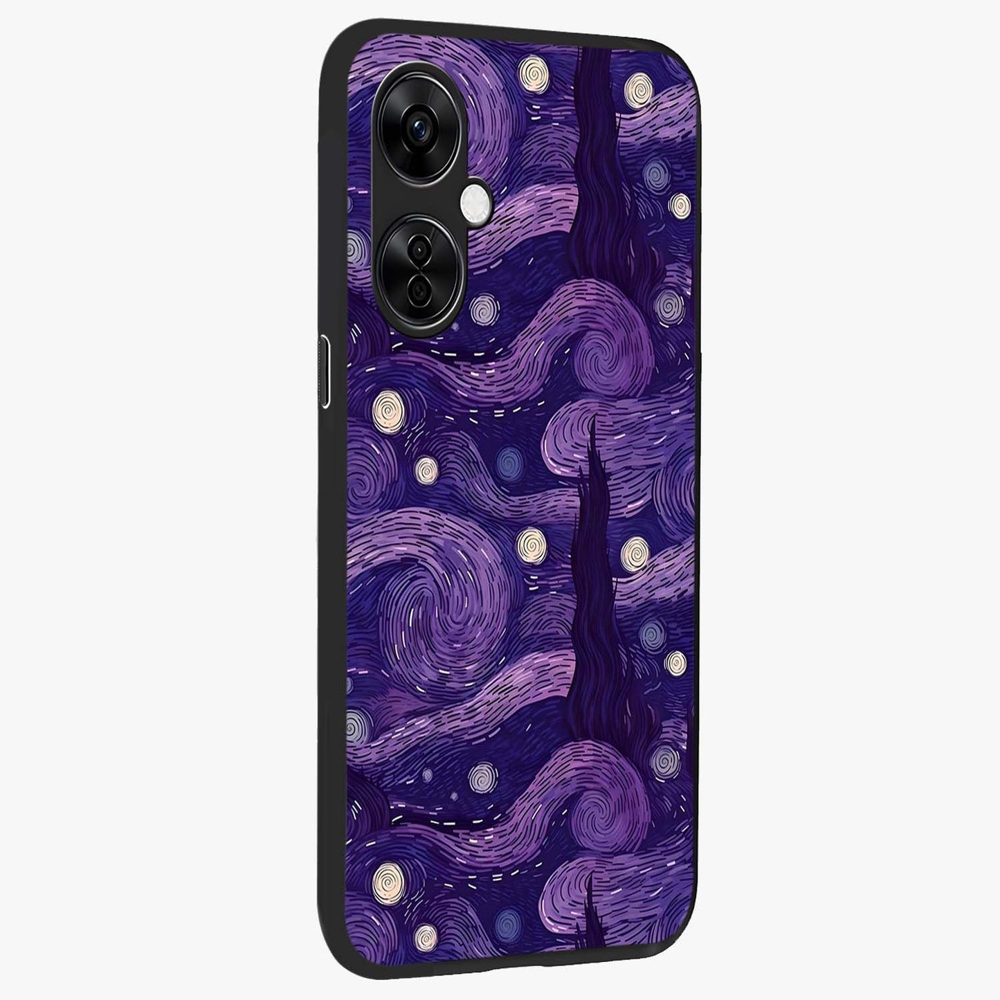 Purple Swirls Glass Case for 1+Nord CE 3 Lite side perspective highlighting fluid textures and sleek premium build