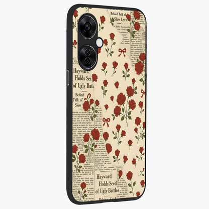Retro Rose Journal Glass Case for 1+Nord CE 3 Lite side perspective highlighting delicate floral textures and premium edges