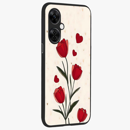 Romantic Tulip Hearts Glass Case for 1+Nord CE 3 Lite side perspective highlighting delicate bloom textures and premium edges