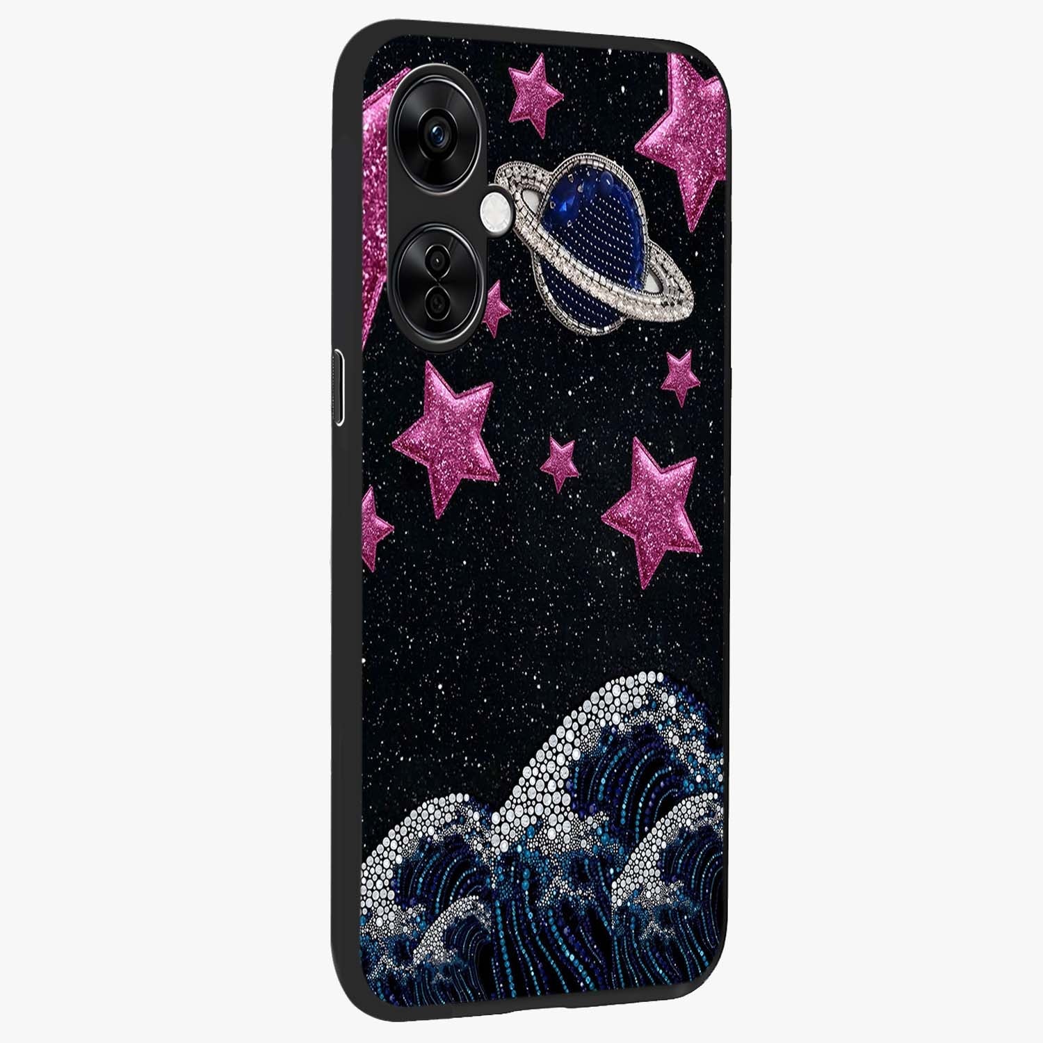 Saturn Pink Storm Glass Case for 1+Nord CE 3 Lite side perspective highlighting planetary textures and premium edges