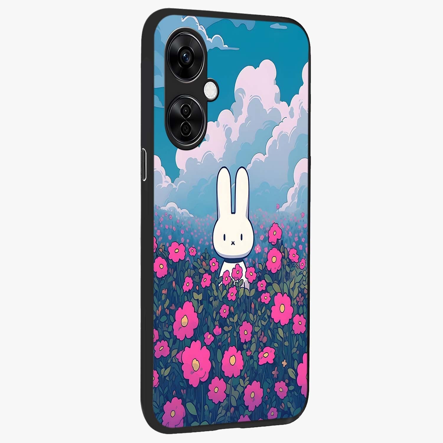 Springtime Blossom Bunny Glass Case for 1+Nord CE 3 Lite side perspective highlighting charming illustration textures and premium edges
