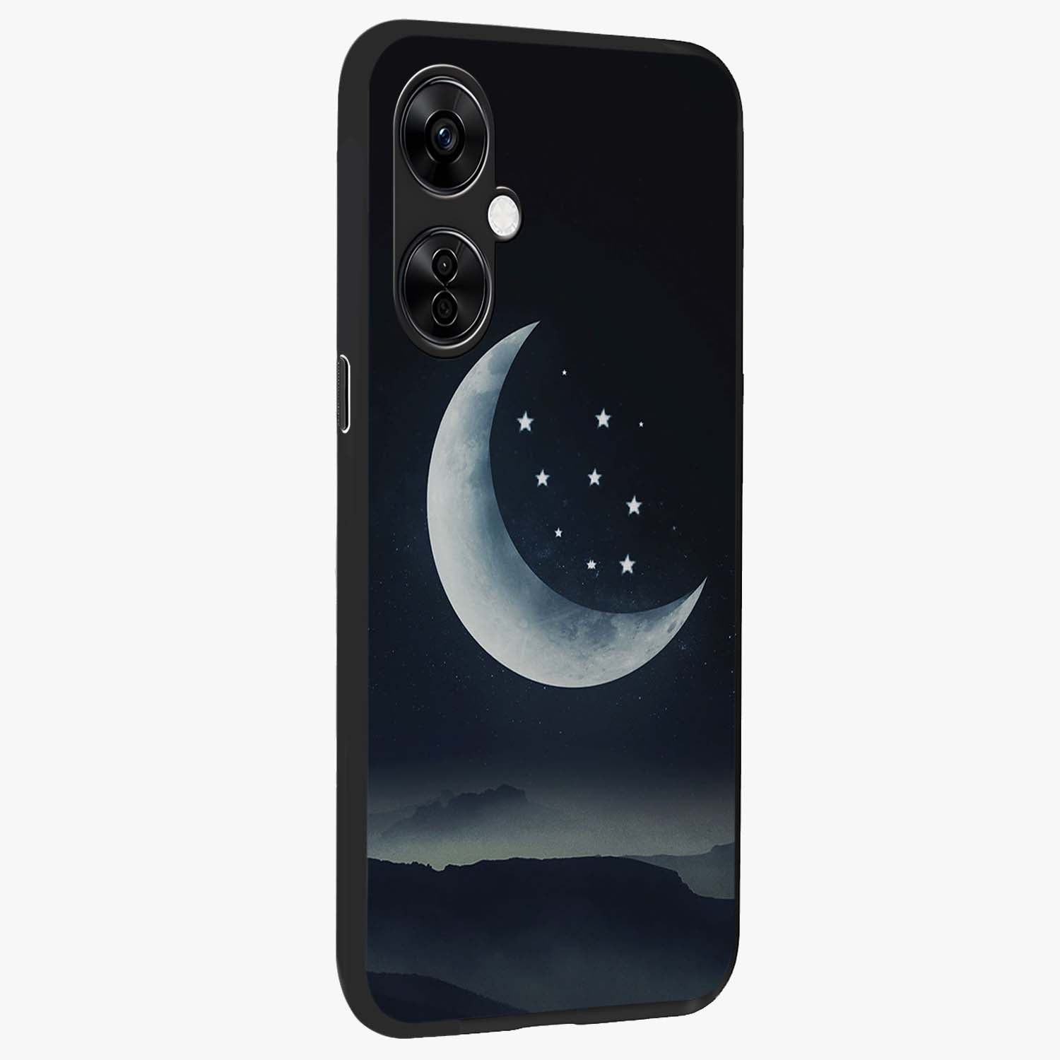 Starry Moon Pattern Glass Case for 1+Nord CE 3 Lite side perspective highlighting celestial textures and premium edges