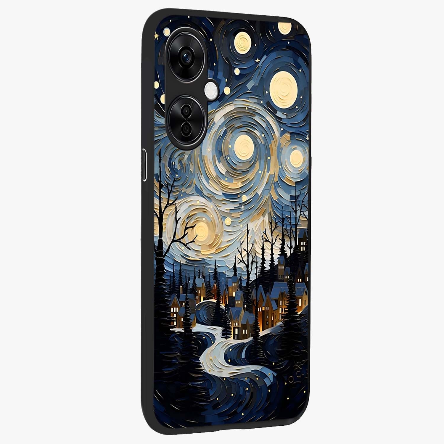 Starry Winter Town Glass Case for 1+Nord CE 3 Lite side perspective highlighting serene landscape textures and premium edges