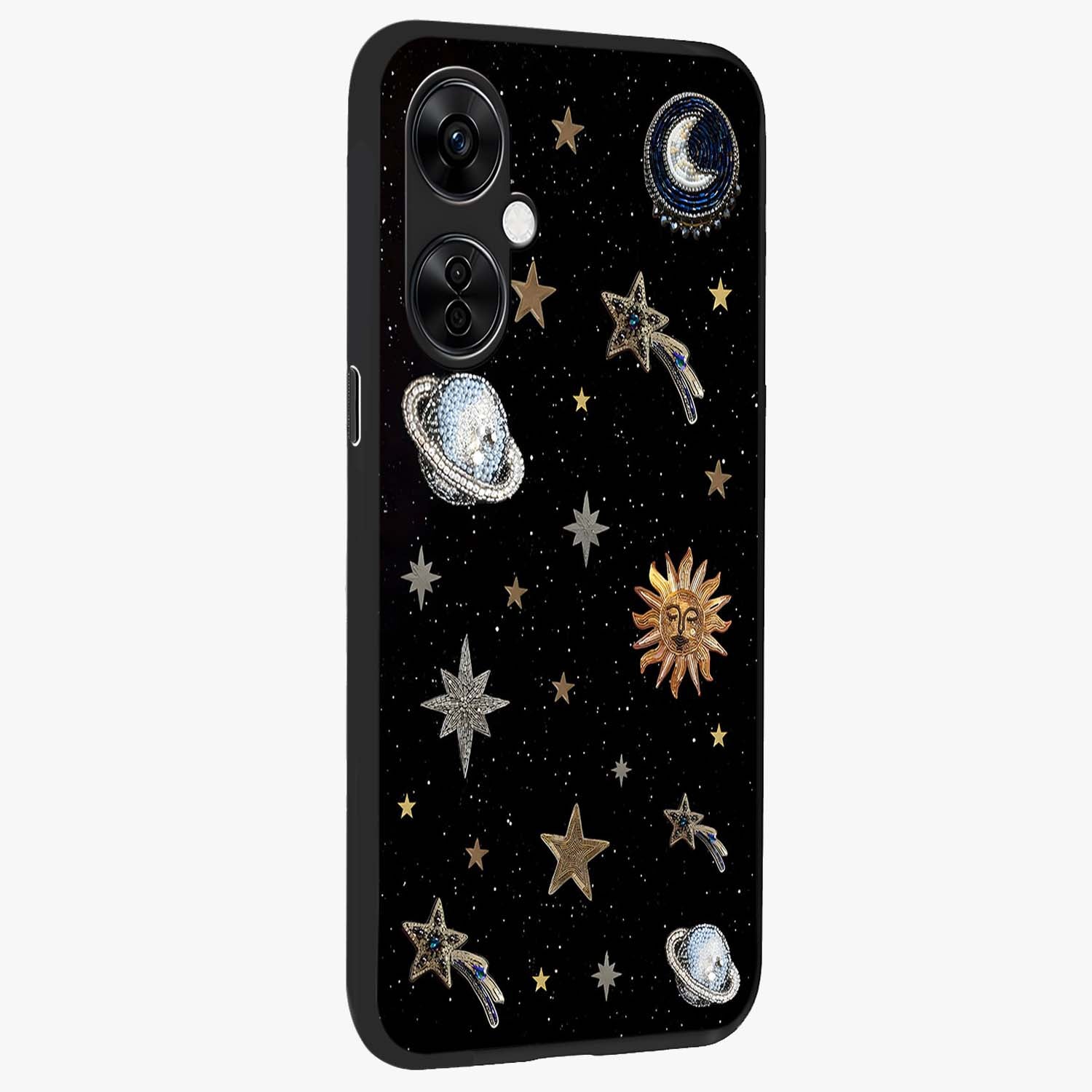 Stars and Planets Brooches Glass Case for 1+Nord CE 3 Lite side perspective highlighting intricate planetary textures and sleek build