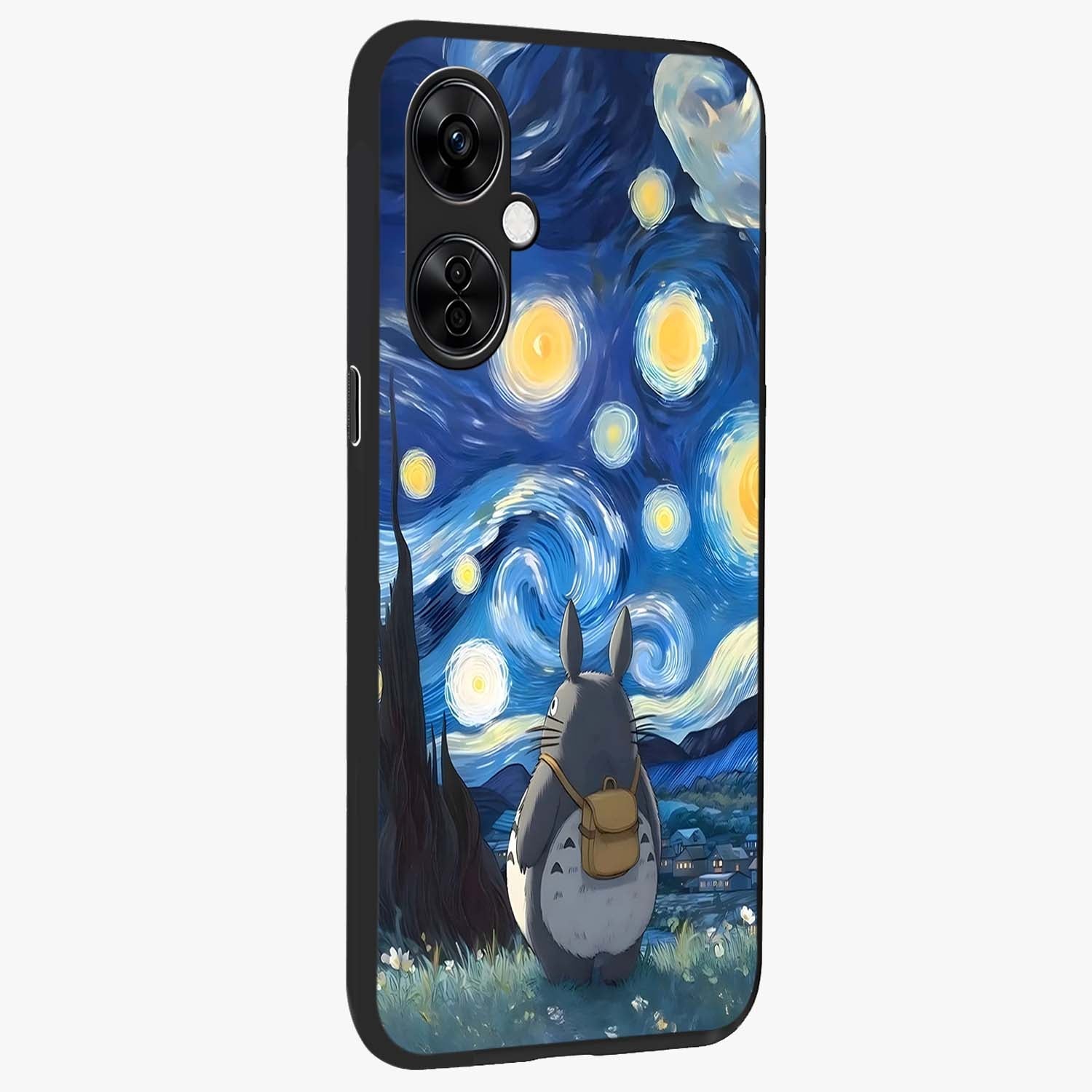 Totoro in Van Gogh Art Glass Case for 1+Nord CE 3 Lite side perspective highlighting textured artistic patterns and premium edges
