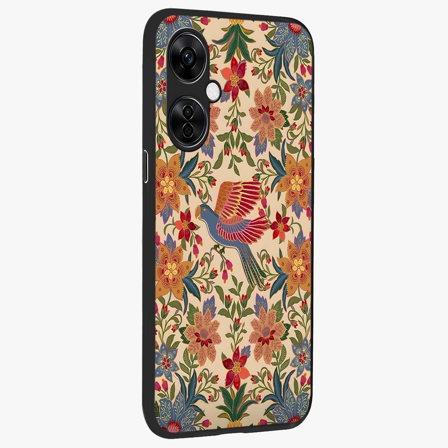 Tropical Folk Art Bird Glass Case for 1+Nord CE 3 Lite side perspective highlighting detailed feather textures and premium edges