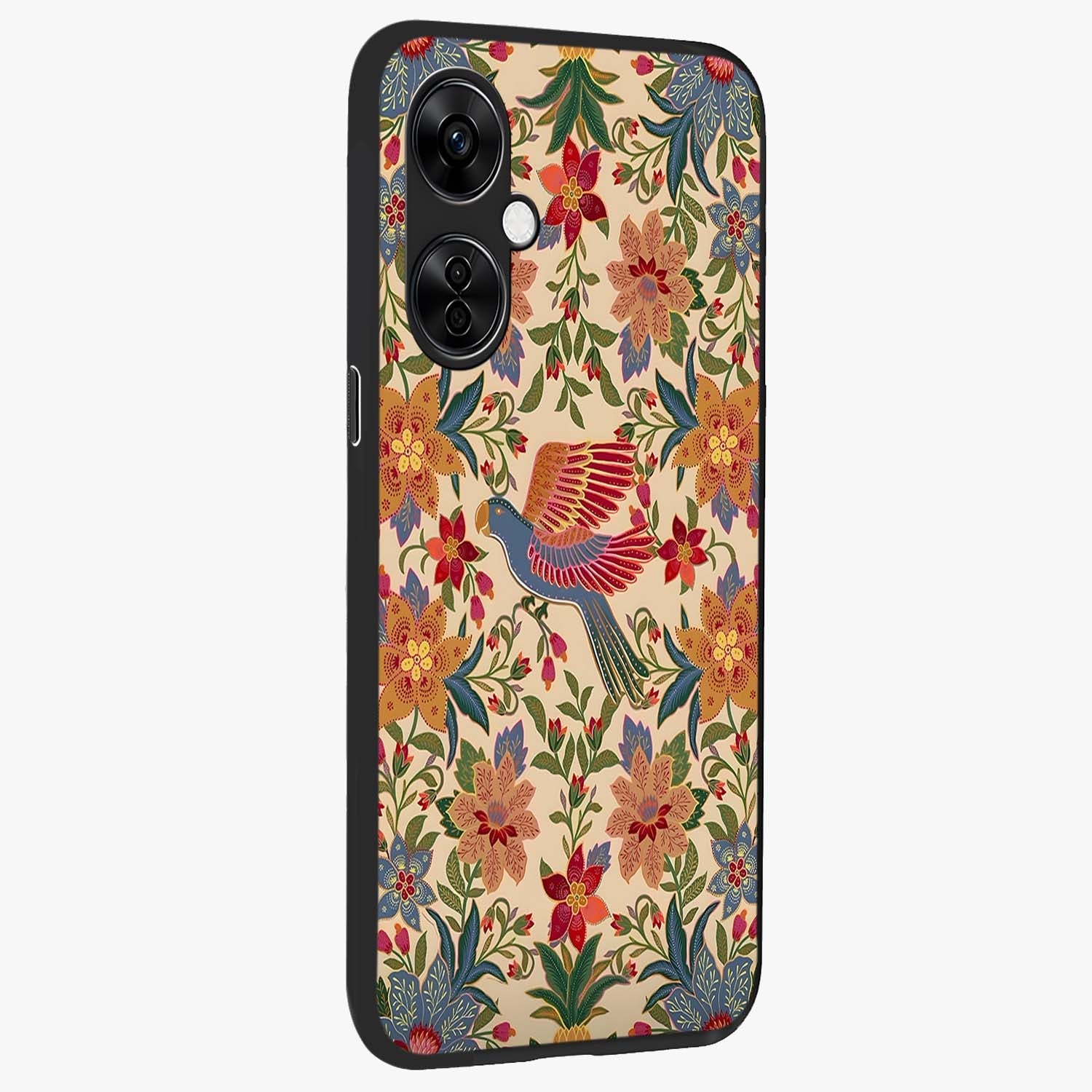 Tropical Folk Art Bird Glass Case for 1+Nord CE 3 Lite side perspective highlighting detailed feather textures and premium edges