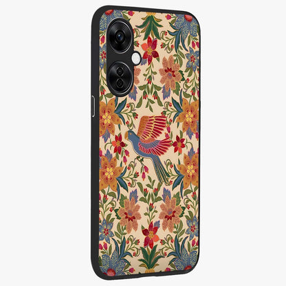 Tropical Folk Art Bird Glass Case for 1+Nord CE 3 Lite side perspective highlighting detailed feather textures and premium edges