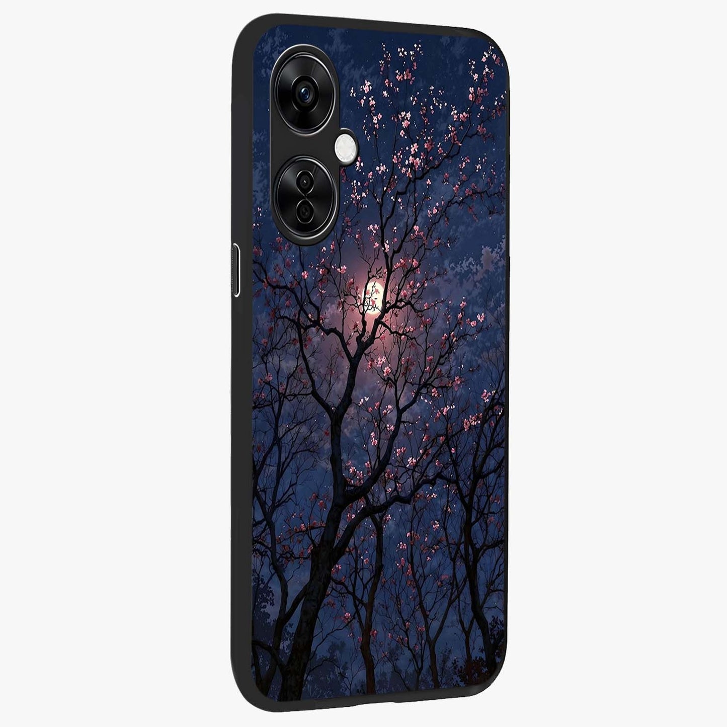 Twilight Sakura Serenade Glass Case for 1+Nord CE 3 Lite side perspective highlighting delicate sakura textures and premium edges