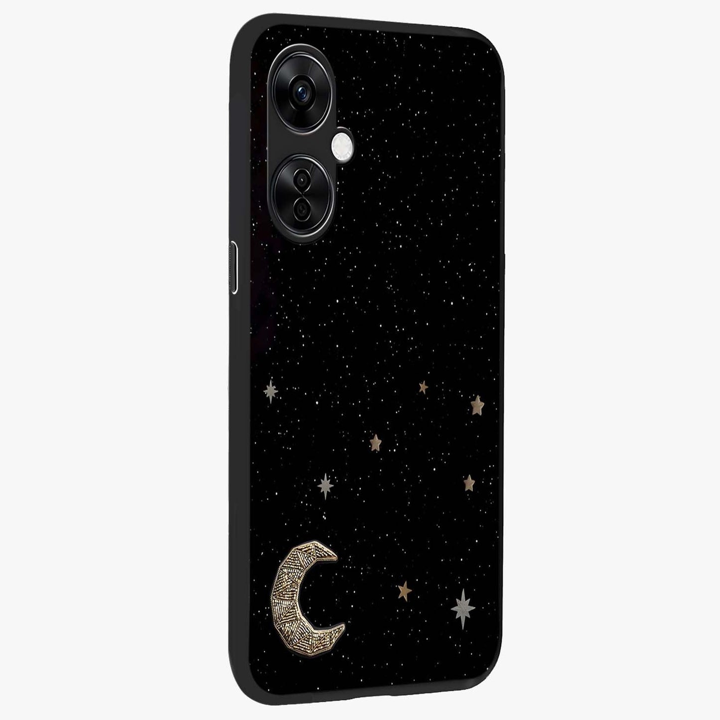 Twinkle Star With Half Moon Glass Case for 1+Nord CE 3 Lite side perspective highlighting glowing star textures and smooth build