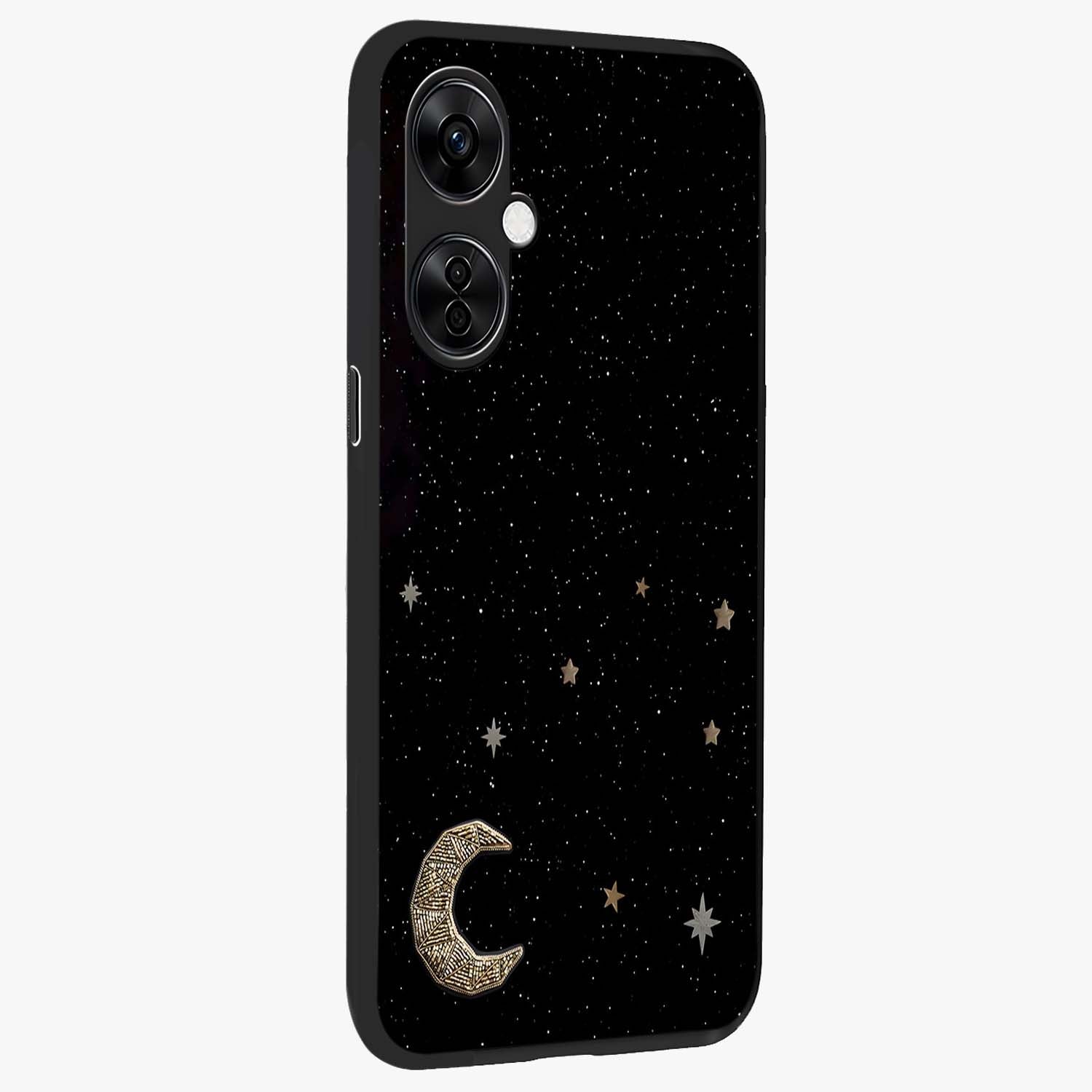Twinkle Star With Half Moon Glass Case for 1+Nord CE 3 Lite side perspective highlighting glowing star textures and smooth build