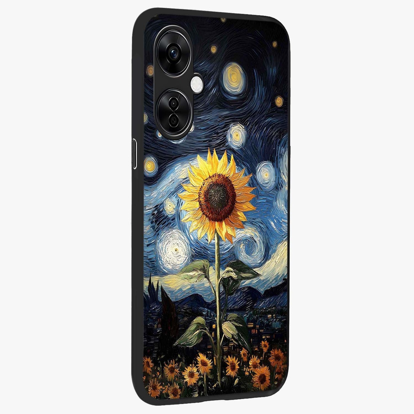 Van Gogh Sunflower Glass Case for 1+Nord CE 3 Lite side perspective highlighting textured brushstroke details and premium edges