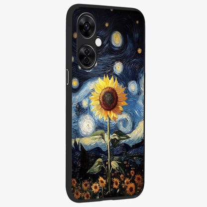 Van Gogh Sunflower Glass Case for 1+Nord CE 3 Lite side perspective highlighting textured brushstroke details and premium edges