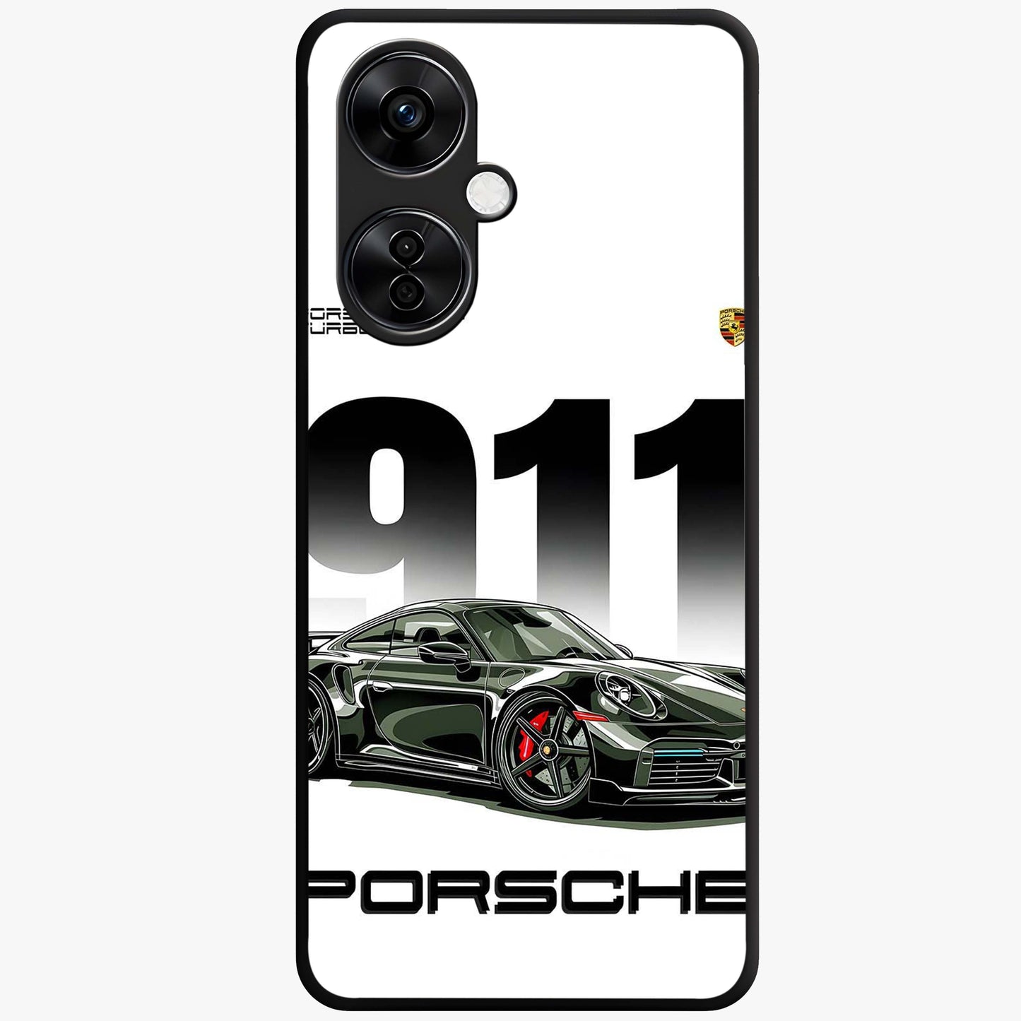 911 Turbo Dominance Glass Case for 1+Nord CE 3 Lite bold front view featuring large 911 graphic and detailed green Porsche sports car artwork