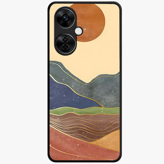 Abstract Mountain Glow Glass Case for 1+Nord CE 3 Lite front view featuring glowing mountain landscape artwork