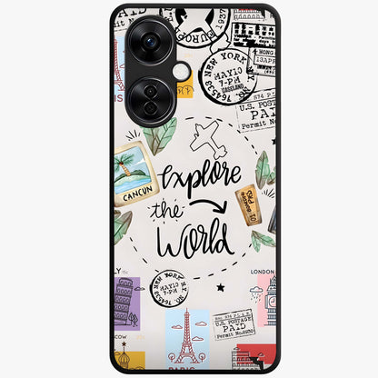 Adventure Awaits Art Glass Case for 1+Nord CE 3 Lite front view featuring bold travel inspired typography artwork