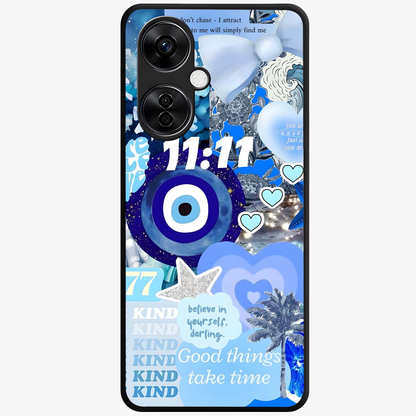 Aesthetic Be Kind Eye Glass Case for 1+Nord CE 3 Lite front view featuring minimal eye illustration with positive message