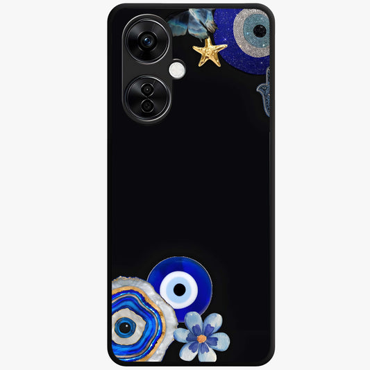 Aesthetic Blue Evil Eye Glass Case for 1+Nord Ce 3 Lite front view featuring vibrant traditional evil eye artwork