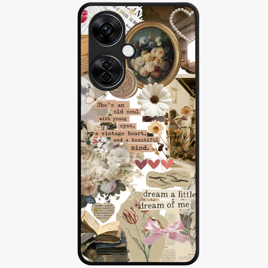 Aesthetic Brown Vintage Collage Glass Case for 1+Nord CE 3 Lite front view featuring retro collage artwork in earthy tones