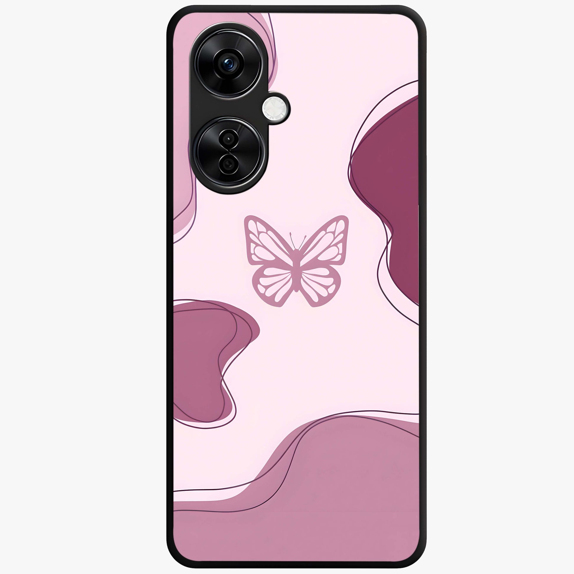 Aesthetic Pinkish Custom Name Butterfly Glass Case for 1+Nord CE 3 Lite elegant front view featuring pink butterfly artwork with personalized name design