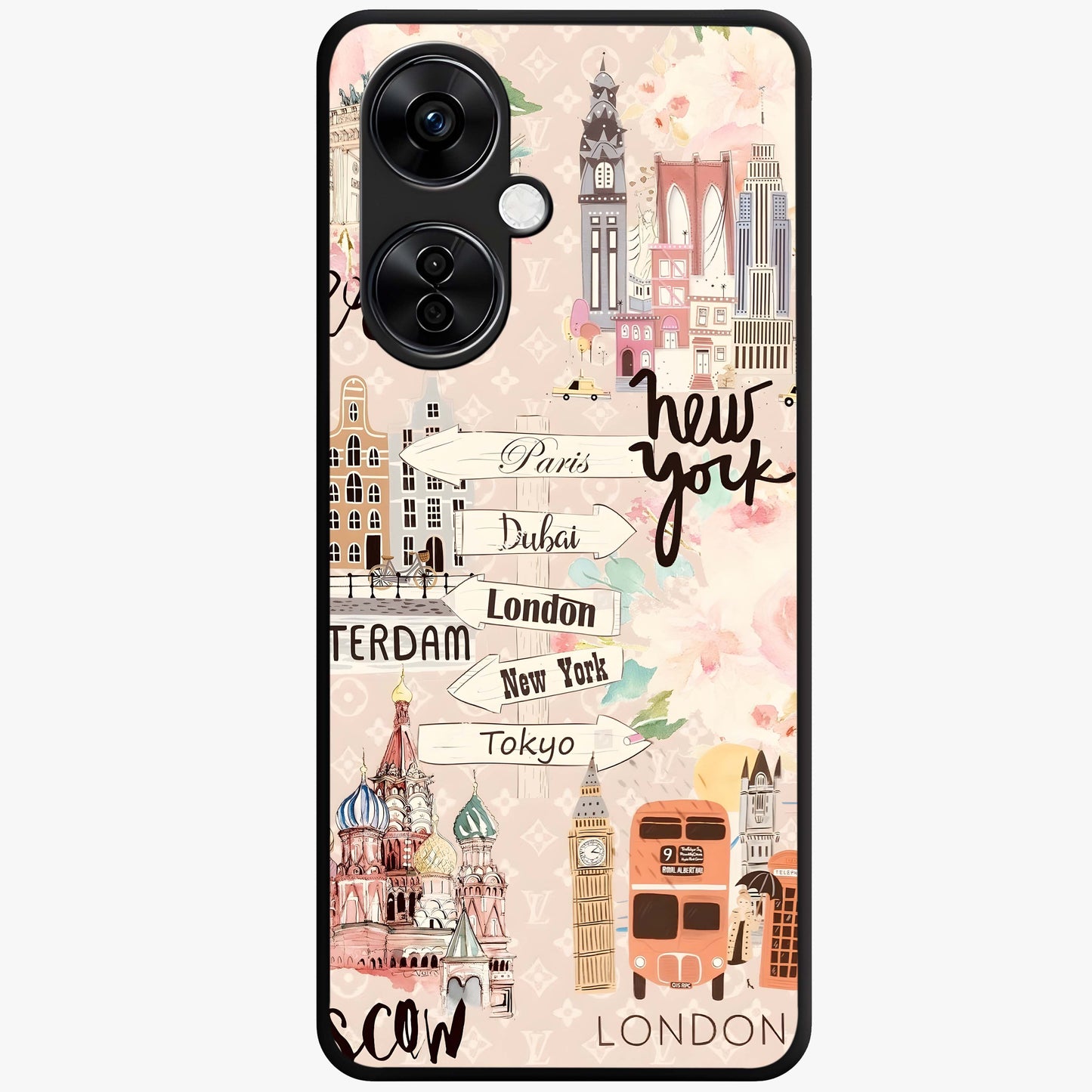 Aesthetic Travel Glass Case for 1+Nord CE 3 Lite front view featuring wanderlust inspired travel artwork