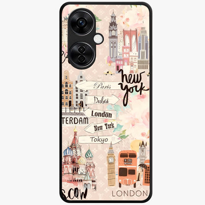 Aesthetic Travel Glass Case for 1+Nord CE 3 Lite front view featuring wanderlust inspired travel artwork