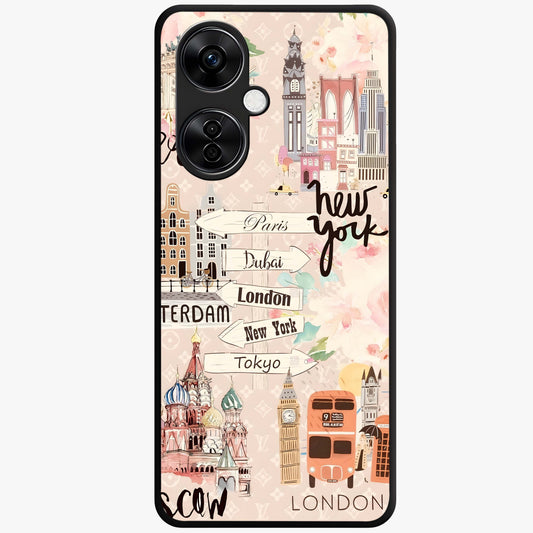 Aesthetic Travel Glass Case for 1+Nord CE 3 Lite front view featuring wanderlust inspired travel artwork