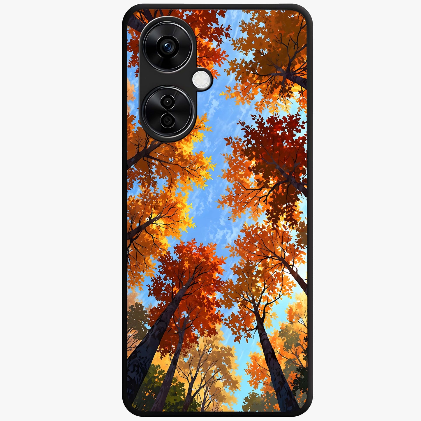 Amber Canopy Glow Glass Case for 1+Nord CE 3 Lite warm front view featuring glowing forest canopy artwork