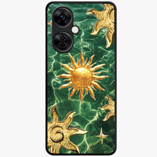 Aqua Sun Mirage Glass Case for 1+Nord CE 3 Lite vibrant front view featuring aqua blue sun inspired artwork