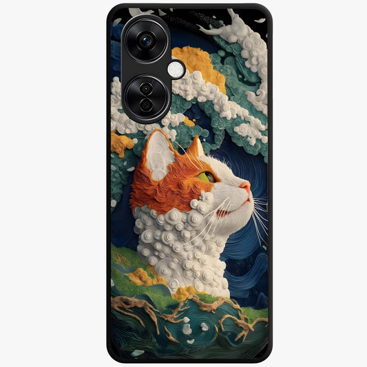 Aurora Cat Dreams Glass Case for 1+Nord CE 3 Lite dreamy front view featuring glowing cat artwork with aurora tones