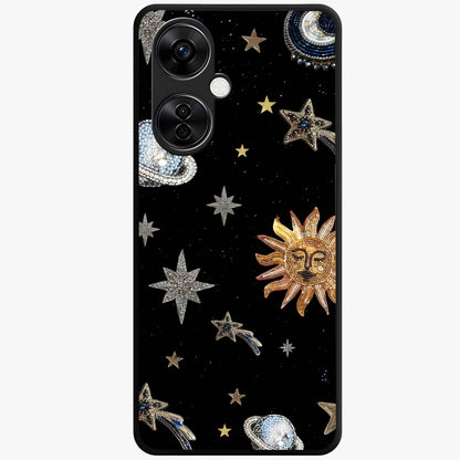 Beaded Cosmic Dreams Glass Case for 1+Nord CE 3 Lite front view featuring celestial bead inspired cosmic artwork