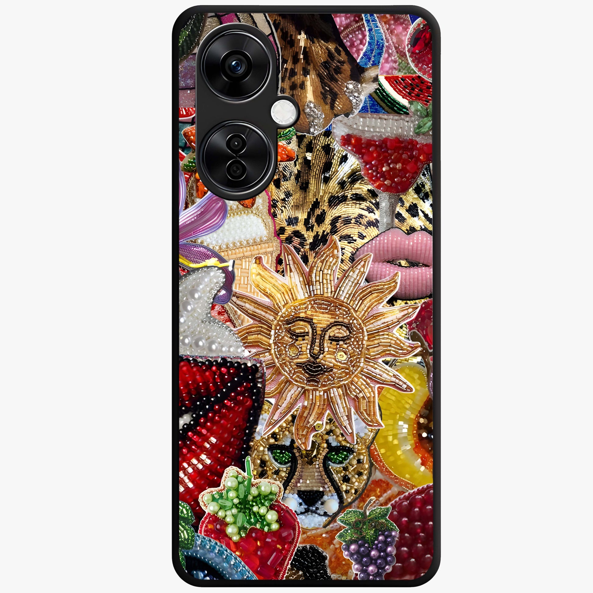 Beaded Fashion Jungle Glass Case for 1+Nord CE 3 Lite bold front view featuring beaded jungle themed artwork