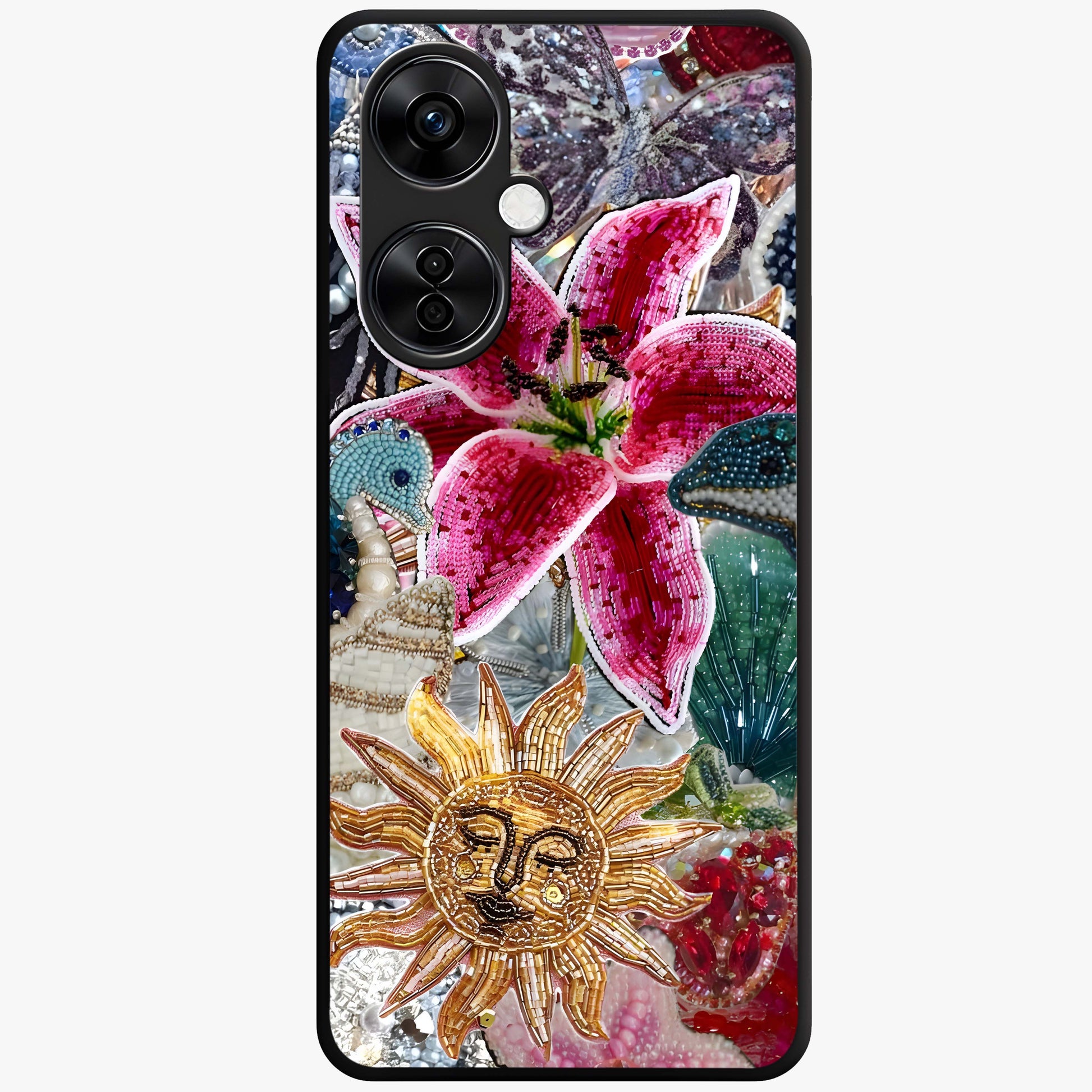 Beaded Garden Fantasy Glass Case for 1+Nord CE 3 Lite front view featuring colorful beaded floral garden artwork